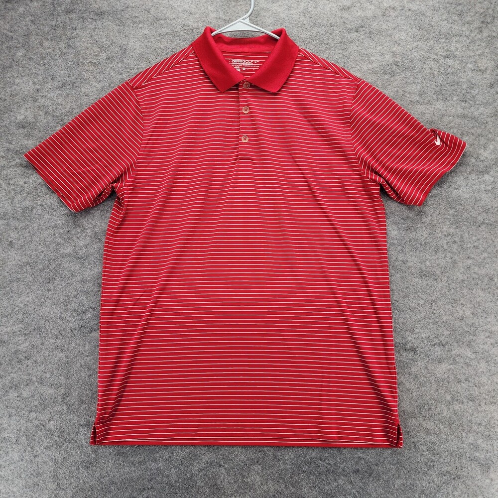 Nike Polo Shirt Mens Medium Dri Fit Short Sleeve Red Striped Golf